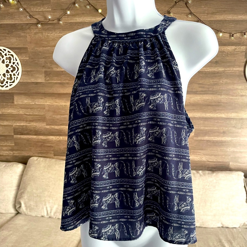 Navy Elephant Sleeveless Flowy Top Size Med